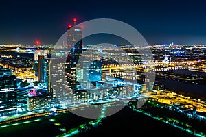 View of Donau City at night, from the Donauturm, in Vienna, Austria.