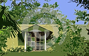 VIEW OF DORMER WINDOW SURROUNDED BY VEGETATION