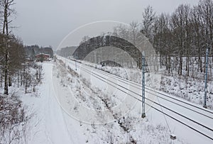 A view of the double track railway trail in winter scenery.