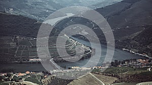 View of the Douro river and Douro Valley, vineyards are on a hills, Portugal.