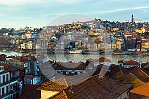 View of Douro river, Ribeira at old town Porto from Villa Nova de Gaia