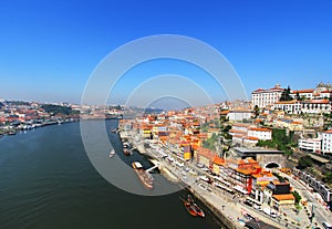 View of Douro riverside from the Dom Luiz bridge , Porto , Portugal.