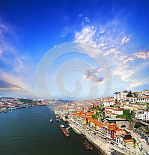 View of Douro riverside from the Dom Luiz bridge , Porto , Portugal.