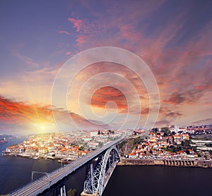 View of Douro riverside and Dom Luiz bridge Porto Portugal