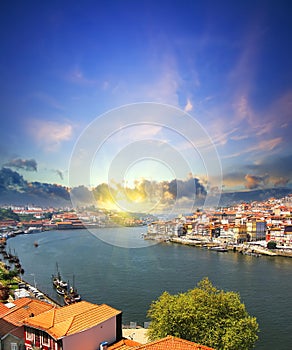 View of Douro riverside and Dom Luiz bridge Porto Portugal