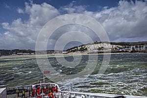 View of Dover from the ferry in windy weather.