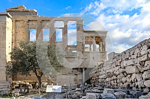 View from down below the Erechtheion - a temple dedicated to Athena and Poseidon-and the Porch of the Caryatidson on the Athens Ac