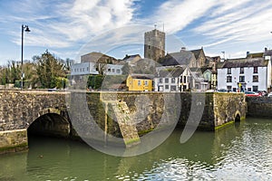A view down the bridge over the River Cleddau towards the town of Pembroke, Wales
