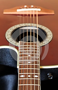 View down the fretboard of guitar