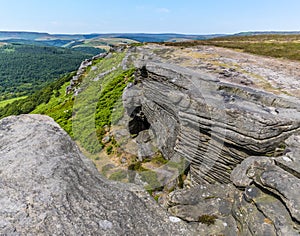 A view down through a gap in the rocky escarpment on the top of the Bamford Edge, UK