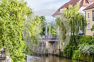 A view down the Ljubljanica river towards the Shoemakers bridge Ljubljana