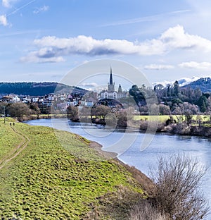 A view down the River Wye towards the town of Ross on Wye, England