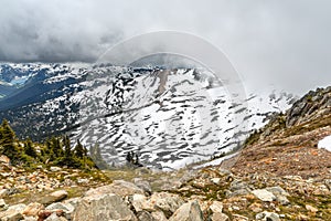 View down from the rocks and boulders on to the mountains covere