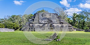 A view down the second plaza in the ancient Mayan city ruins of Altun Ha in Belize