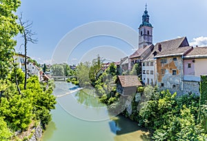 A view down the Selca Sora River from the old town in Skofja Loka, Slovenia