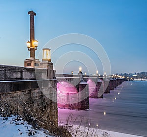 View down the side of the Market Street Bridge over the Susquehanna River in Harrisburg, PA