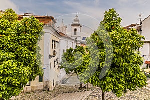 A view down steps in the Alfama distict in the city of Lisbon