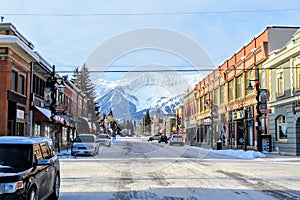 A view down the streets of downtown Fernie, British Columbia, Canada on a sunny morning during the winter.