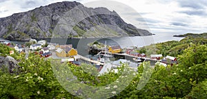 View down to the fishing village Nusfjord, FlakstadÃ¸ya island, Lofoten islands, Norway