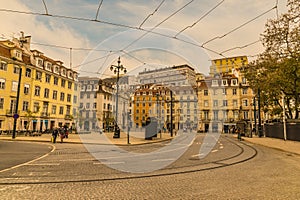 A view down tramlines in a square in the Bairro Alto distict in the city of Lisbon