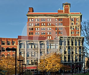 view of downtown Binghamton buildings at sunset golden hour (historic architecture on court street and chenango) photo