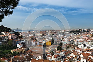 View of the downtown of the city of Lisbon from the Graca Viewpoint Miradouro da Graca with the Tagus River on the background