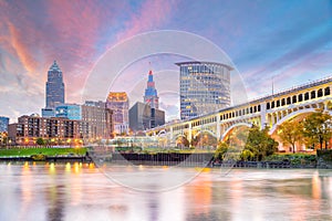 View of downtown Cleveland skyline in Ohio USA