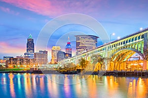 View of downtown Cleveland skyline in Ohio USA