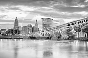 View of downtown Cleveland skyline in Ohio USA