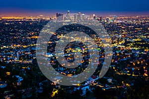 View of the downtown Los Angeles skyline at night,