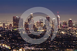 A view of downtown Los Angeles skyline at night, California, USA