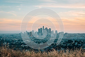 View of the downtown Los Angeles skyline at sunset from Ascot Hills Park photo