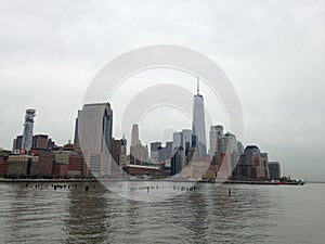 View of Downtown Manhattan from Hudson River in New York, NY