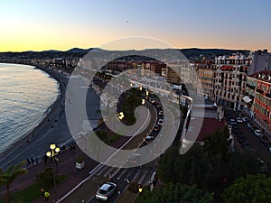 View of the downtown of Nice, France at the French Riviera with famous beach Plage des Ponchettes.