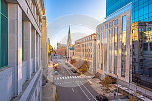 View of Downtown Raleigh at North Salisbury Street in fall season at sunset time North Carolina USA.