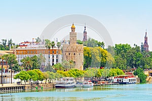 View on downtown of Seville and Guadalquivir River Promenade.