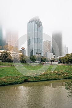 View of the downtown skyline in fog, in Houston, Texas