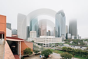 View of the downtown skyline in fog, in Houston, Texas