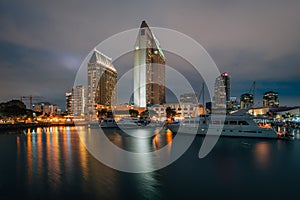 View of the downtown skyline  at night from Embarcadero Marina Park North, in San Diego, California