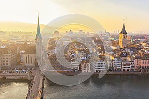 View of Downtown Zurich at Sunset