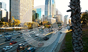 View of Dowtown LA traffic with with skyscrapers photo