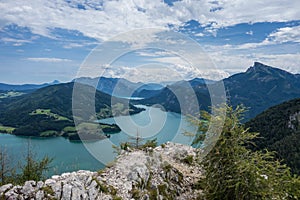 View from Drachenwand rock on Mondsee and Attersee. Via ferrata in Halstatt region, Austria.