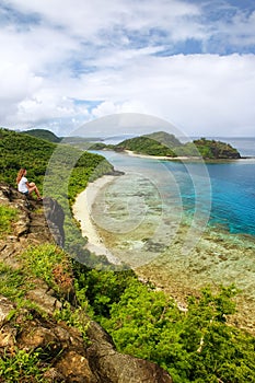 View of Drawaqa Island coastline and Nanuya Balavu Island, Yasawa Islands, Fiji