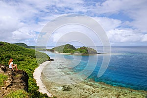 View of Drawaqa Island coastline and Nanuya Balavu Island, Yasawa Islands, Fiji