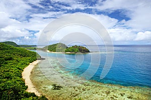 View of Drawaqa Island coastline and Nanuya Balavu Island, Yasawa Islands, Fiji
