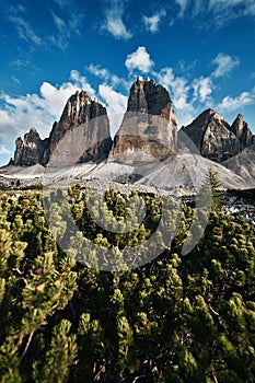 View of Drei Zinnen or Tre Cime di Lavaredo with beautiful cloud on sky, Sextener Dolomiten or Dolomiti di Sesto, South