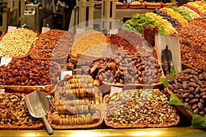 View of dried fruit and nuts at market in Barcelona