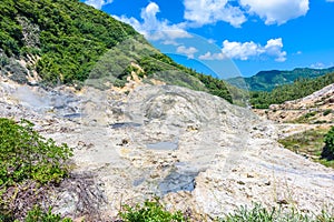 View of Drive-In Volcano Sulphur Springs on the Caribbean island of St. Lucia. La Soufriere Volcano is the only drive-in volcano