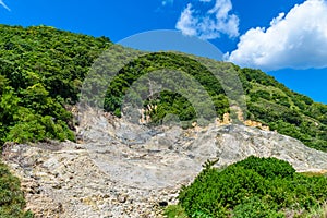 View of Drive-In Volcano Sulphur Springs on the Caribbean island of St. Lucia. La Soufriere Volcano is the only drive-in volcano