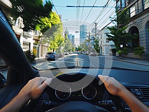 view from the driver's seat behind the wheel of a city street